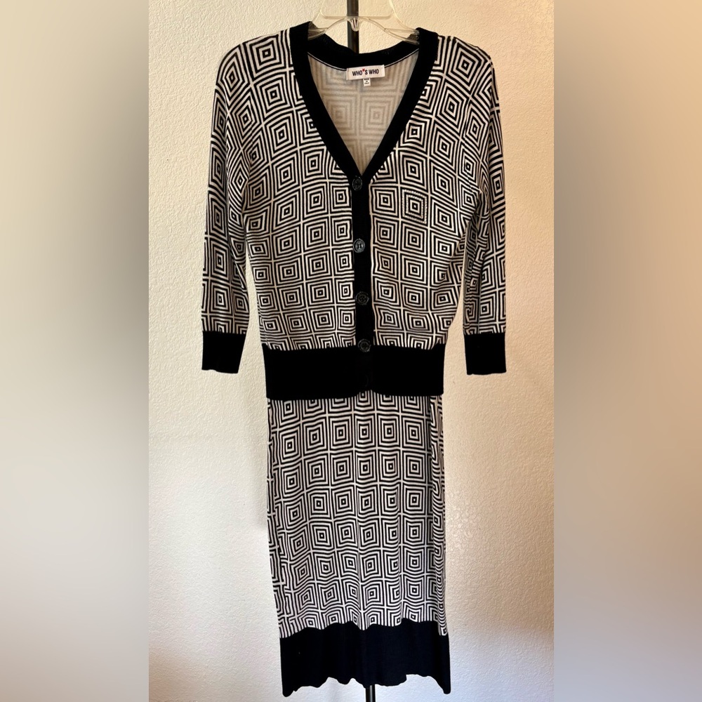 Who*s who 
Geometric Black and White Set: Midi Dress + cardigan. 
Made in Italy.